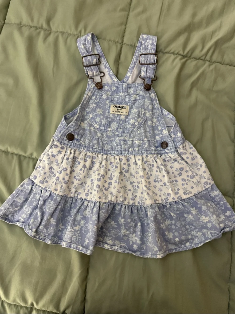 OshKosh B'gosh Blue and White Floral Denim-Style Overall Dress